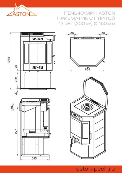 Фото Печь-Камин ASTON 12 кВт (200 м3) Призматик с плитой в магазине Woodson