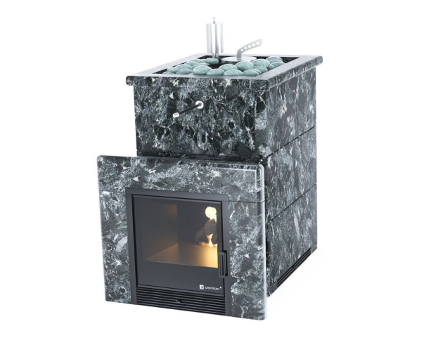Фото Печь для русской бани Анапа в трёхстороннем кожухе (пироксенит) с открытым верхом в магазине Woodson Фото Печь для русской бани Анапа в трёхстороннем кожухе (пироксенит) с открытым верхом в магазине Woodson